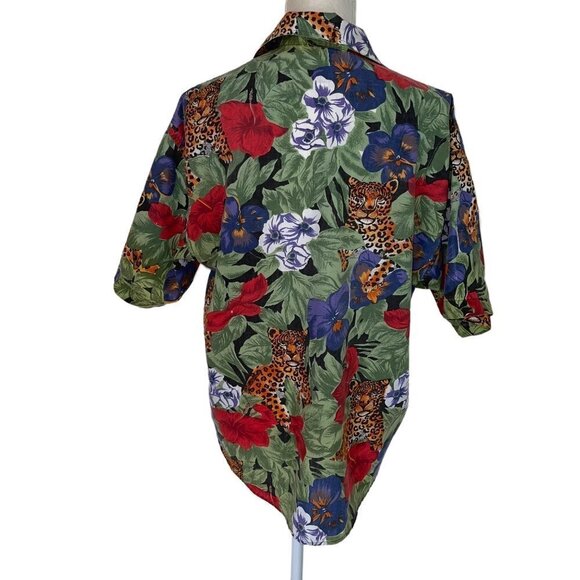 Caribou Womens Camp Shirt Green Size Medium Vintage Floral Leopard Print Button - Picture 11 of 12
